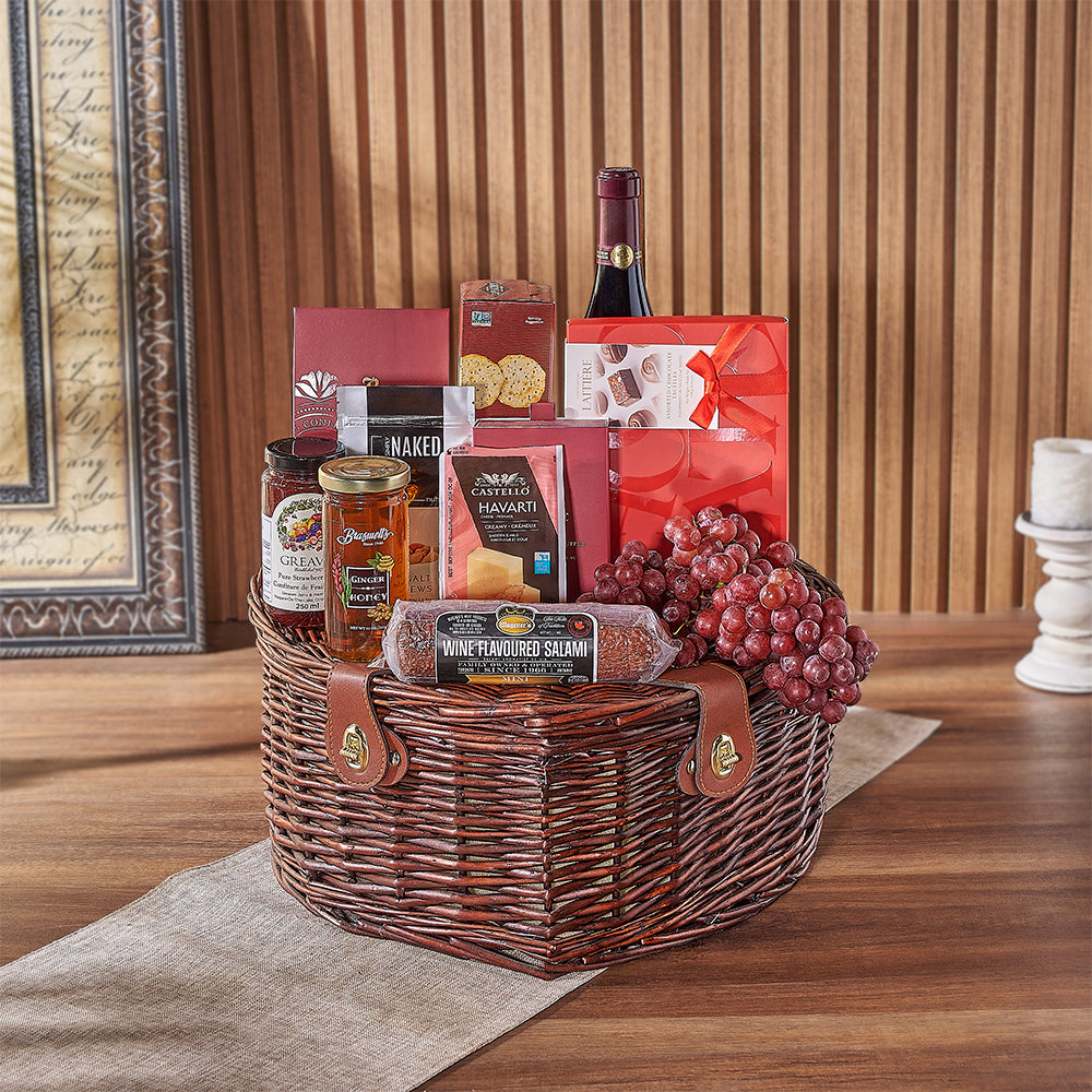 Indulge in a romantic escape with our Dorset Park Romantic Picnic Basket! Complete with gourmet snacks, wine, chocolates, and more, it's the perfect way to sweep your loved one off their feet, Toronto delivery 