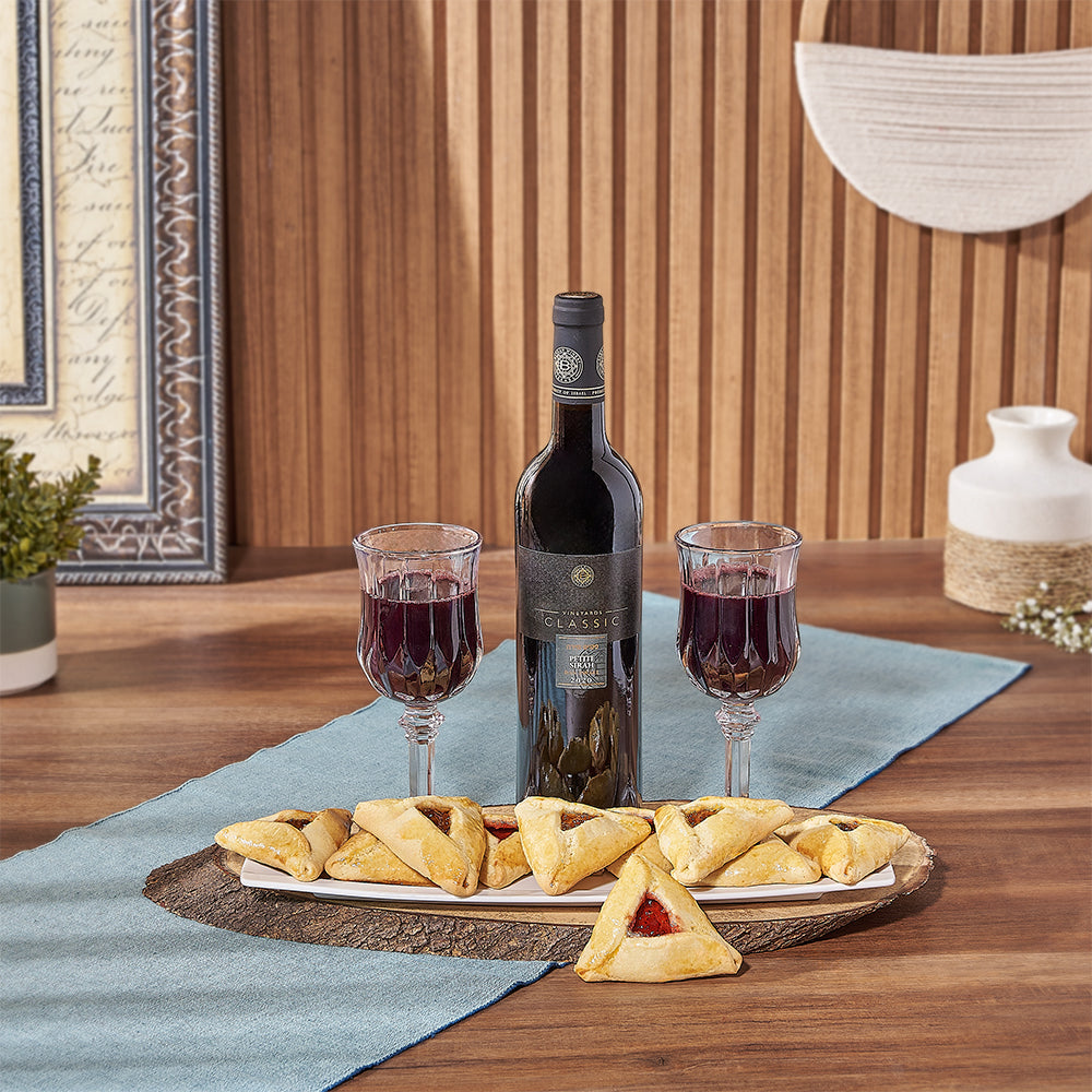 Kosher Wine, Hamantaschen Cookies & Ceramic Dish Purim Gift Basket – how the gift is presented