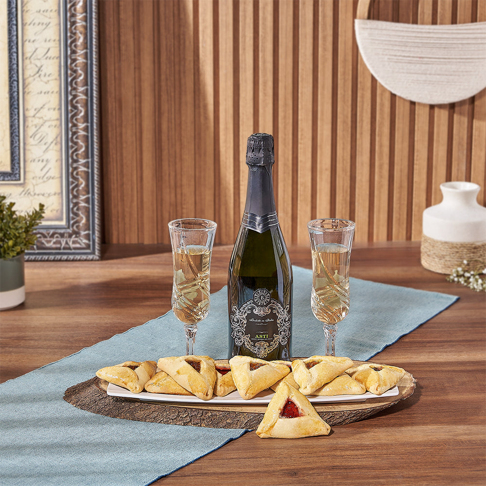 Purim Sparkling Wine Gift with Hamantaschen Cookie Set – how the gift is presented