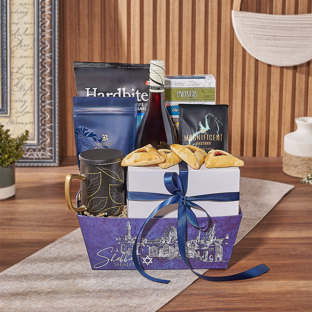 Purim Gourmet Gift Basket with Kosher Wine and Hamantaschen – how the gift is presented
