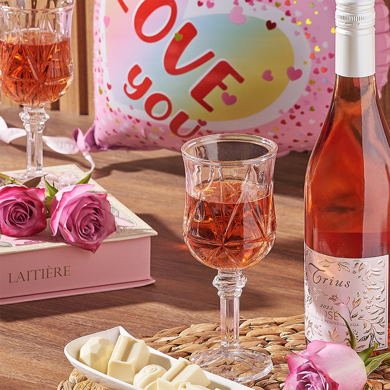 Pink wine with white chocolate and pink roses