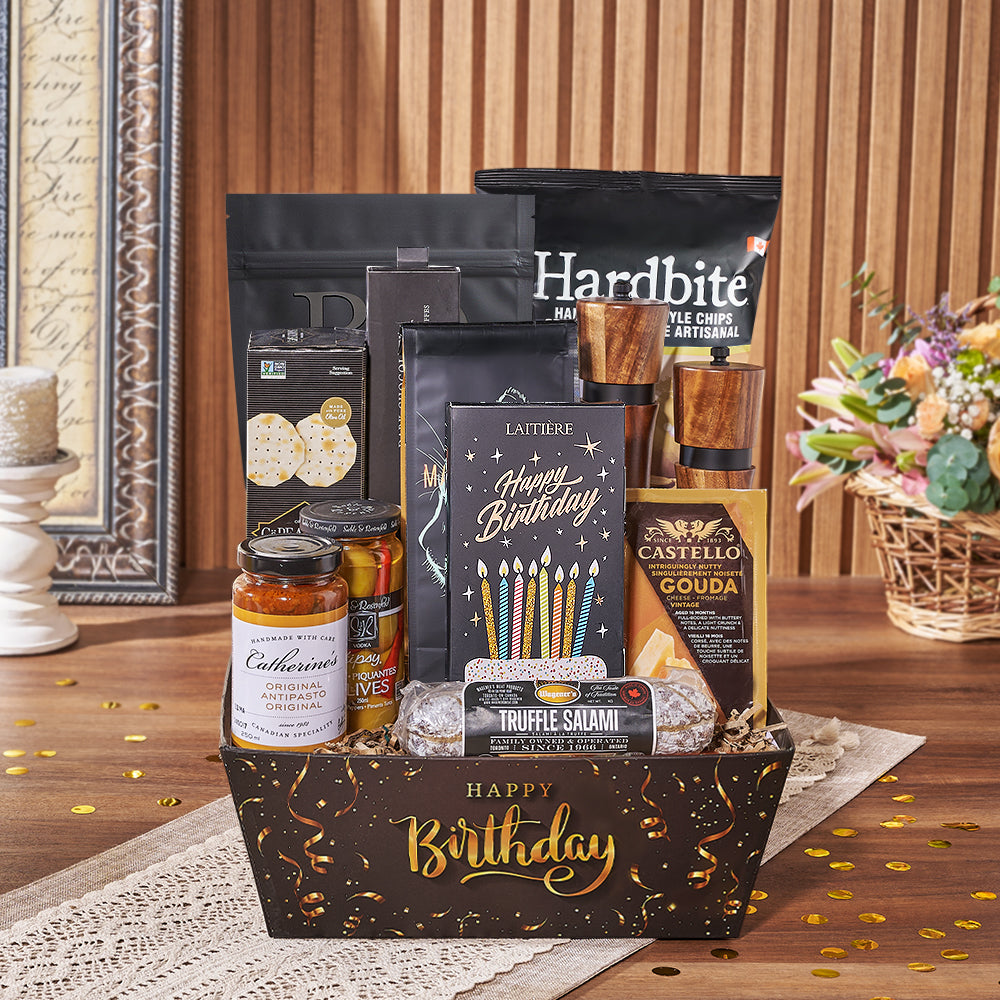 Birthday Salami and Truffle Treat Basket – how the gift is presented