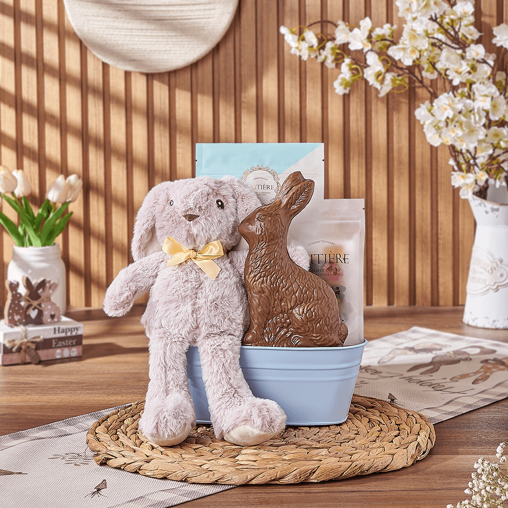 Plush Bunny and Gourmet Easter Basket in Reusable Metal Bucket – how the gift is presented