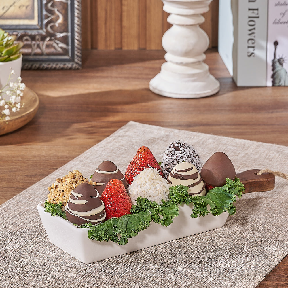 Classic Chocolate Dipped Strawberries Gift Box with Ceramic Serving Dish – how the gift is presented