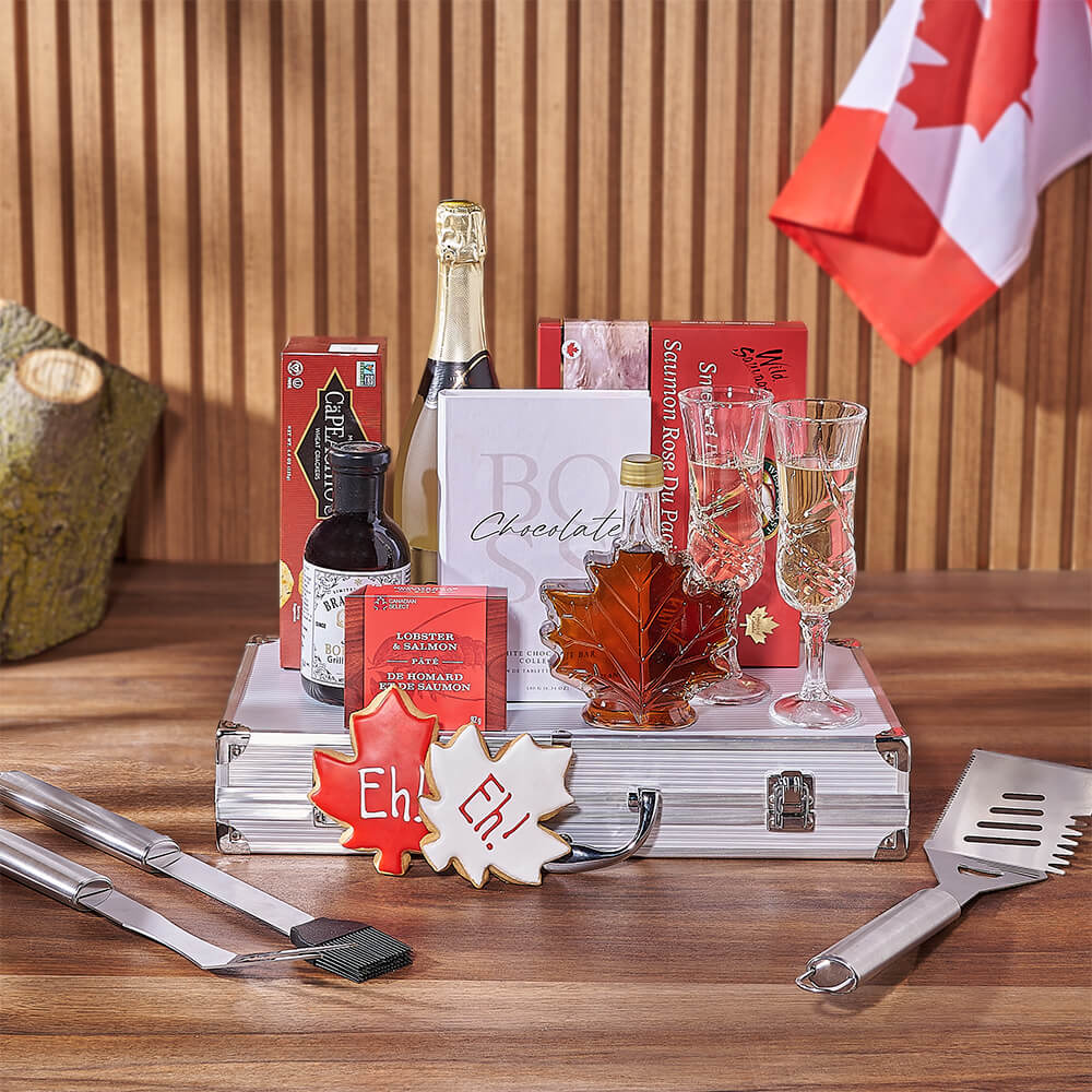 Festive Canada Day Gift Basket with Sparkling Wine and Grilling Set – how the gift is presented