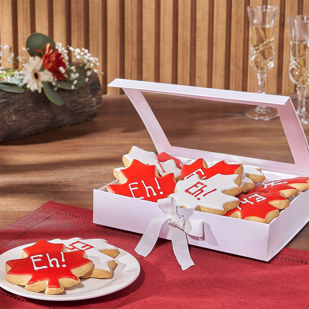 Festive Maple Leaf Cookies in White Gift Box – how the gift is presented