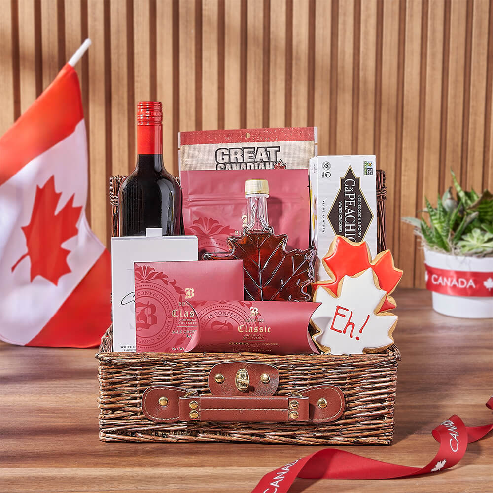 Canada Day Wine Gift Basket with Sweet Heat Jerky and Gourmet Treats – how the gift is presented