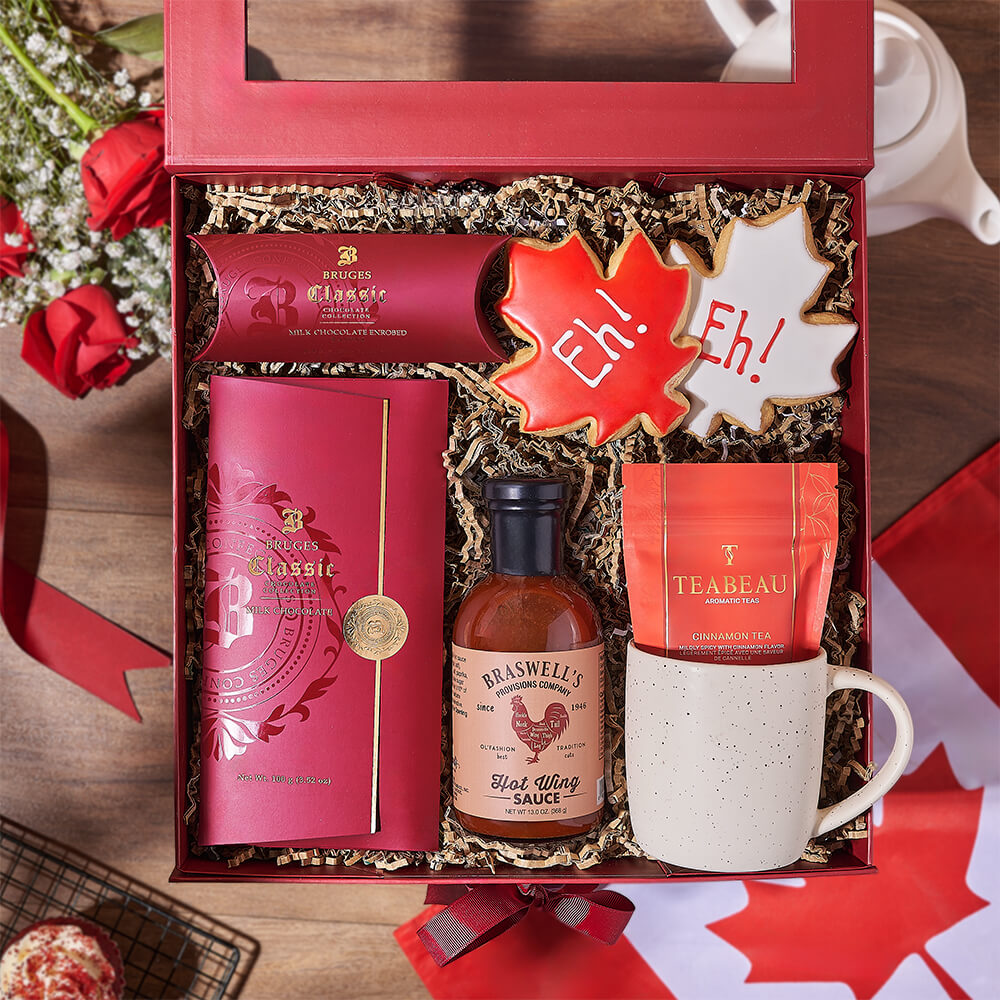 Canada Day Cinnamon Tea and Chocolate Gift Basket – how the gift is presented