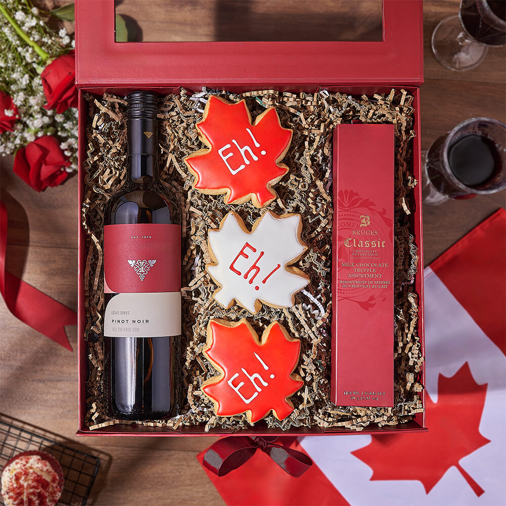 Canada Day Wine Gift Box, canada day gift, canada day, wine gift, wine, chocolate gift, chocolate, cookie gift, cookie, Toronto delivery