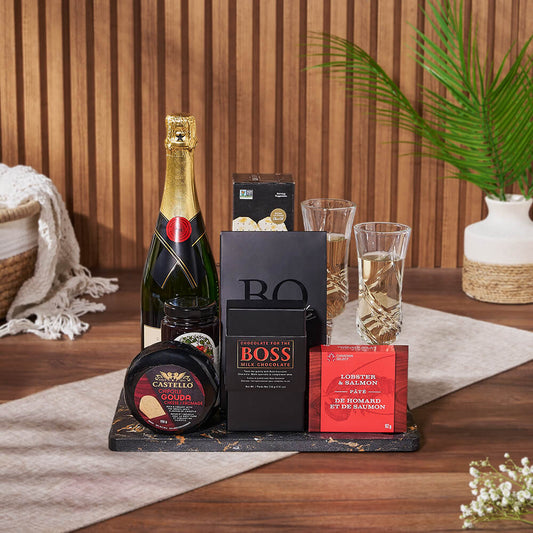 Celebratory Champagne Gift Board, champagne gift, champagne, sparkling wine gift, sparkling wine, chocolate gift, chocolate, seafood gift, seafood, Toronto delivery