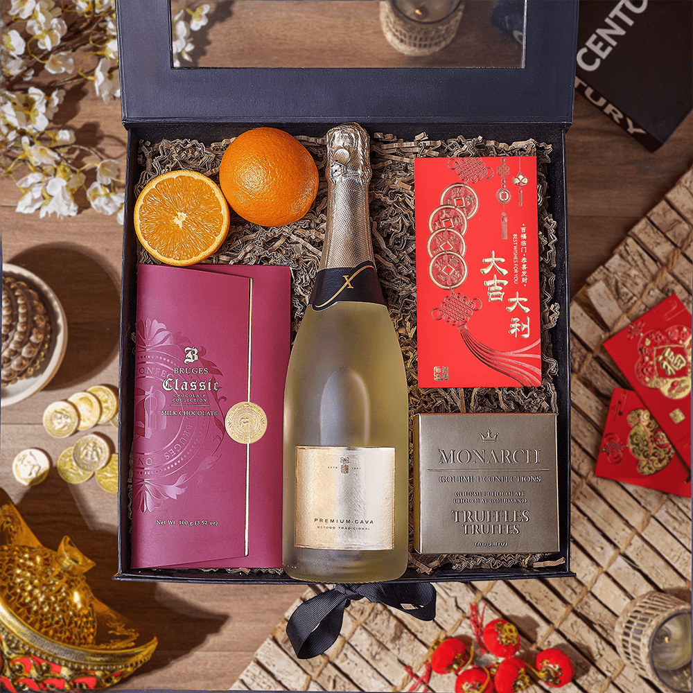 Chinese New Year Sparkling Wine Gift Box with Gourmet Chocolates – how the gift is presented