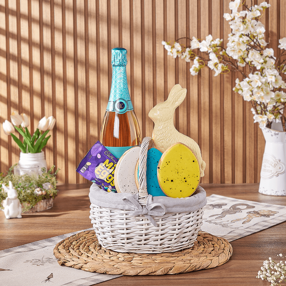 Sparkling Wine Gift Basket Featuring Cadbury Mini Eggs and Easter Treats – how the gift is presented