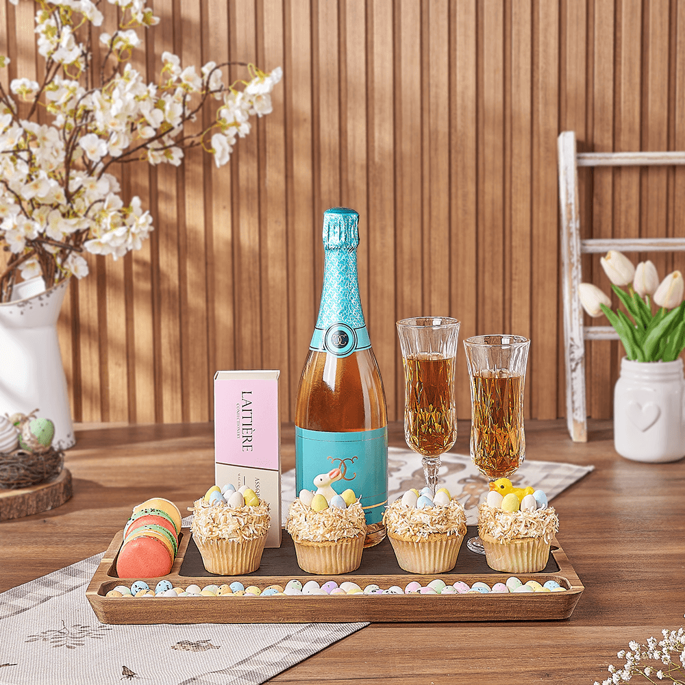 Festive Easter Sparkling Wine Gift with Macarons, Cupcakes, and Serving Board – how the gift is presented