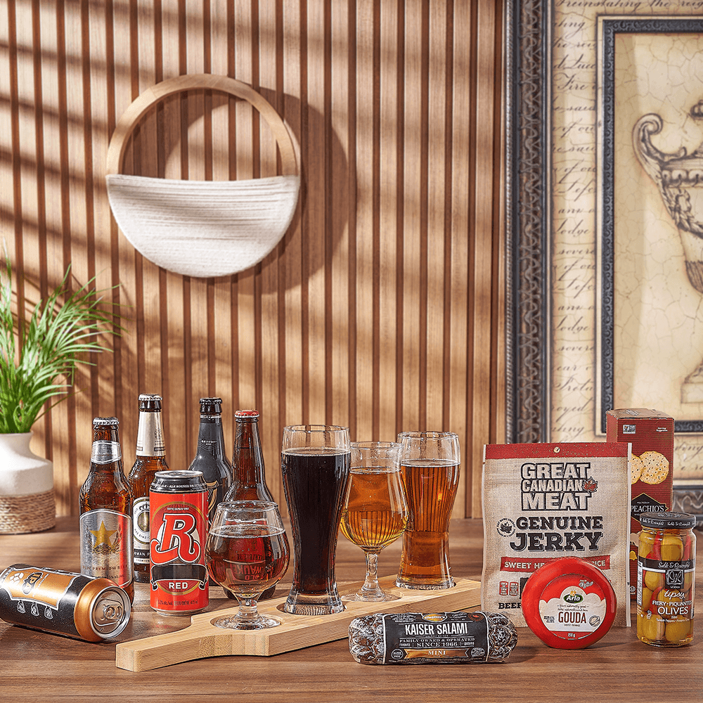 Beer Gift Basket Featuring Fiery Olives and Kaiser Salami on Flight Board – how the gift is presented