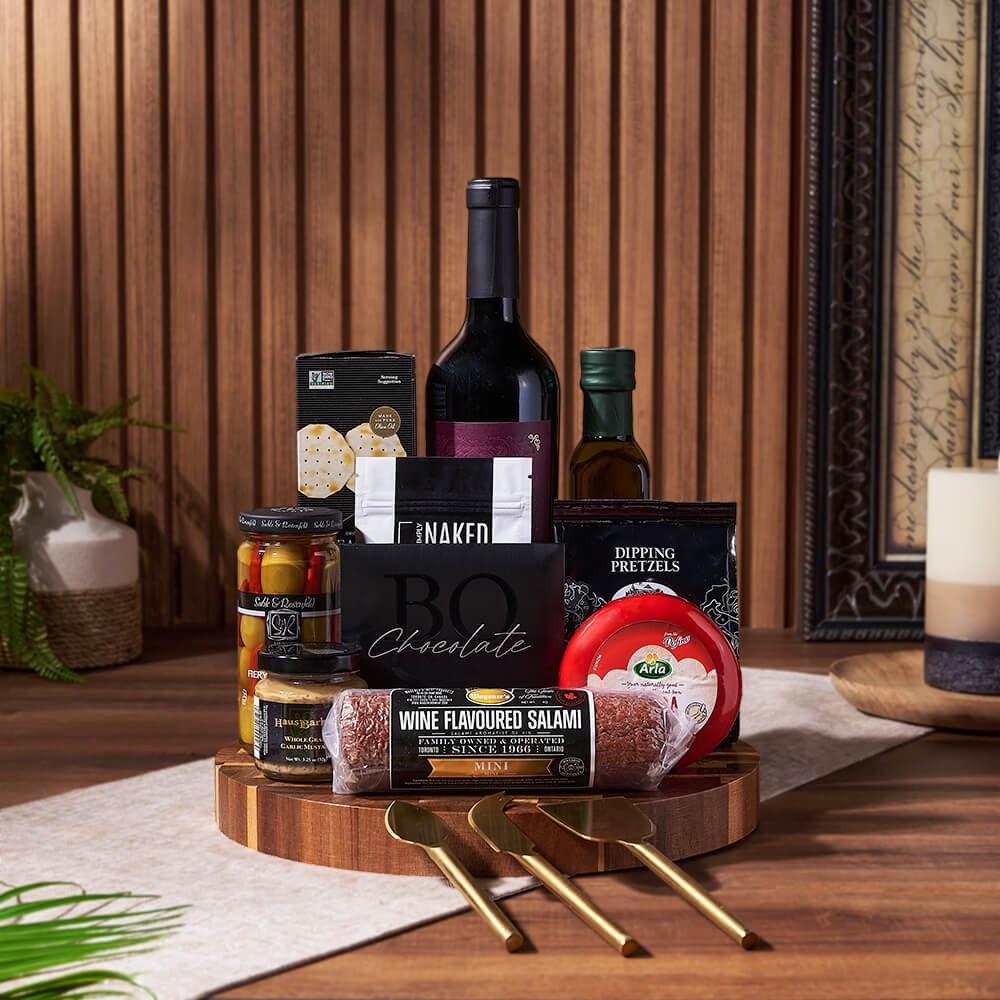 Cheese, Crackers &amp; Wine Gift Basket, wine gift, wine, cheese gift, cheese, charcuterie gift, charcuterie, Toronto delivery