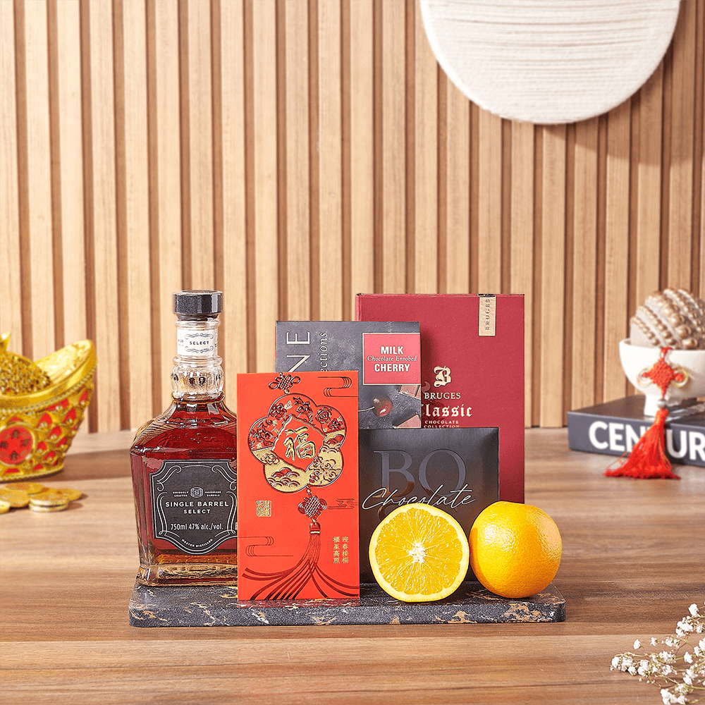 Chinese New Year Liquor Gift with Lucky Packet and Gourmet Chocolates – how the gift is presented