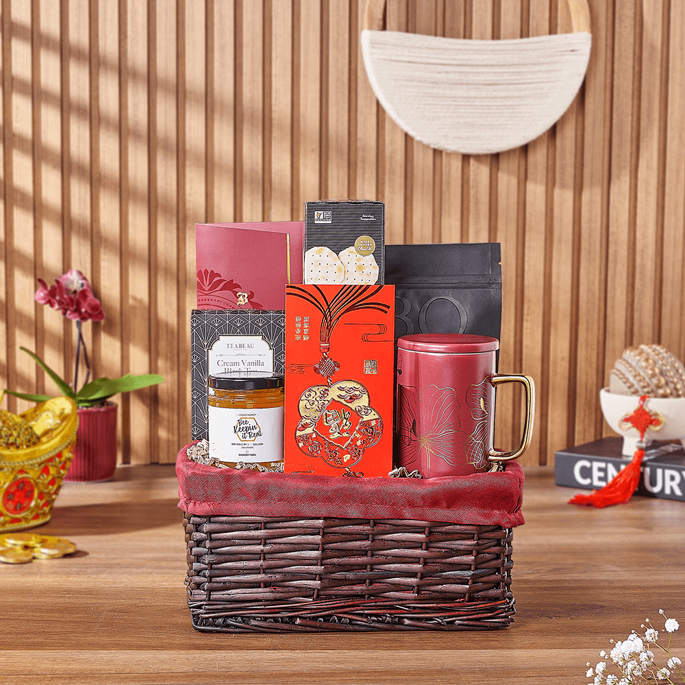 Red Split Willow Gift Basket with Chocolate Coins and Tea for Chinese New Year – how the gift is presented