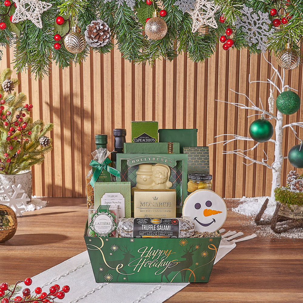 Festive Holiday Gourmet Food Gift Basket – how the gift is presented