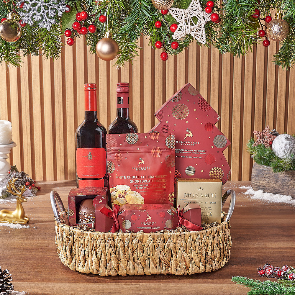 Oval Woven Basket with Two Bottles of Wine and Holiday Chocolates – how the gift is presented
