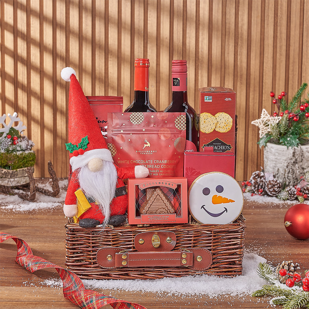 Holiday Wine and Gourmet Selection in Wicker Picnic Basket – how the gift is presented
