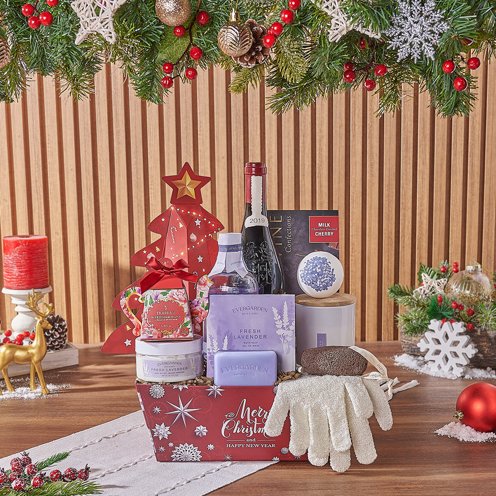 Christmas Wine &amp; Spa Gift Set, wine gift, wine, spa gift, spa, chocolate gift, chocolate, tea gift, tea, Toronto delivery