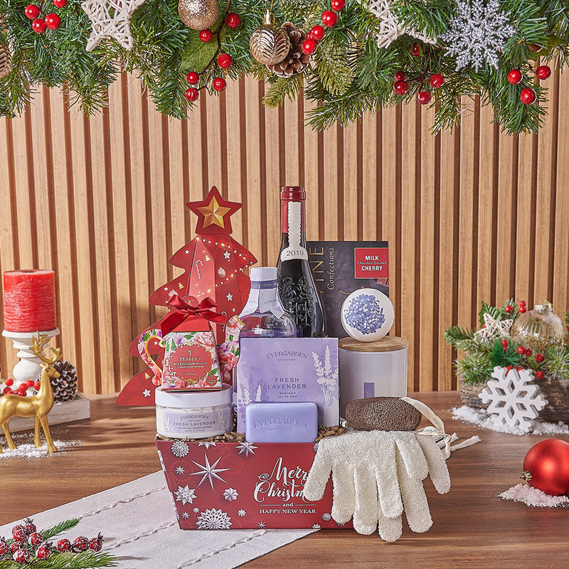 Christmas Wine & Spa Gift Set, wine gift, wine, spa gift, spa, chocolate gift, chocolate, tea gift, tea, Toronto delivery