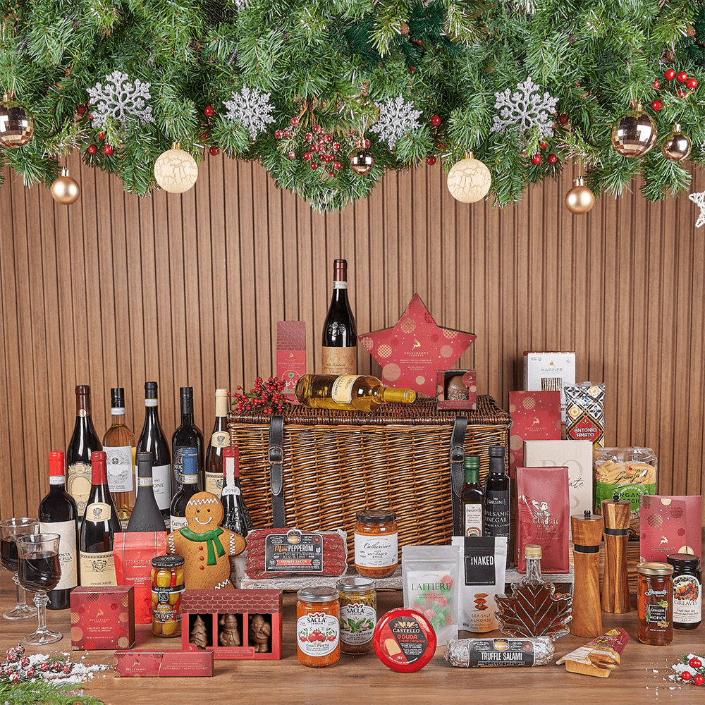 Holiday Gift Basket with Assorted Wine and Gourmet Treats – how the gift is presented