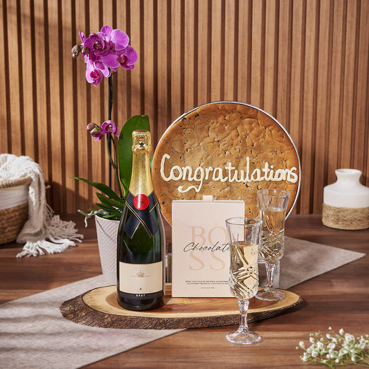 Congratulations Cookie & Champagne Gift Set, champagne gift, champagne, sparkling wine gift, sparkling wine, giant cookie gift, giant cookie, orchid gift, orchid, Toronto delivery