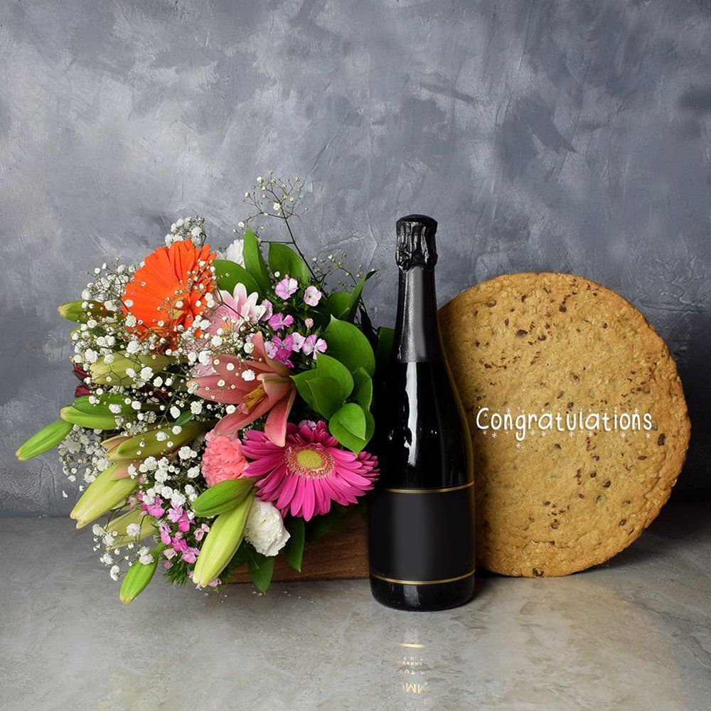 Seasonal Flowers and Champagne Gift Basket with Plush Bear and Giant Cookie – how the gift is presented