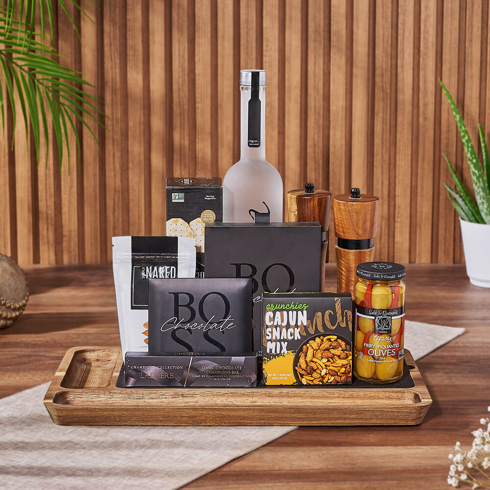 Classic Vodka Snack Gift Basket – how the gift is presented