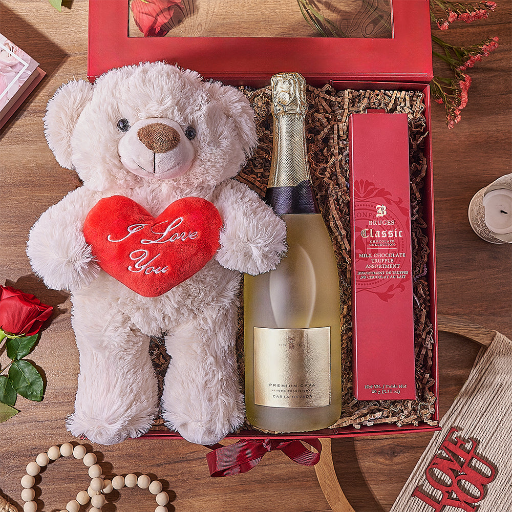 Valentine's Day Sparkling Wine Gift Box with Red Rose and Plush Teddy Bear – how the gift is presented