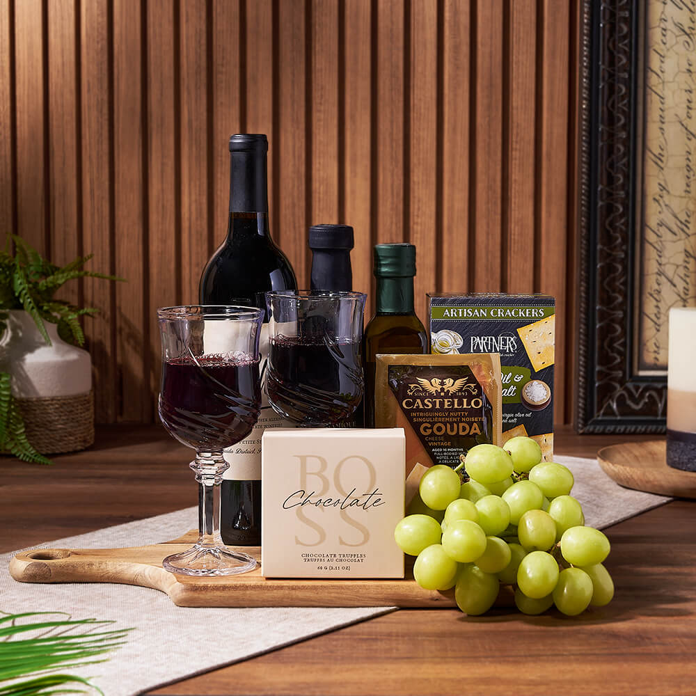 Decadent Wine & Cheese Basket, wine gift, wine, fruit gift, fruit, cheese gift, cheese, charcuterie gift, charcuterie, Toronto delivery