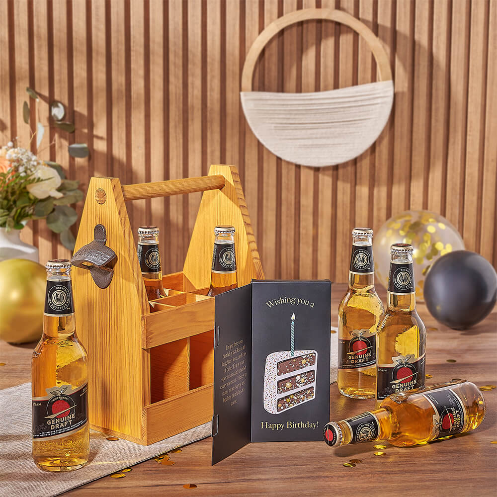 Six Bottle Beer Gift in Wooden Carrier with Birthday Chocolate – how the gift is presented