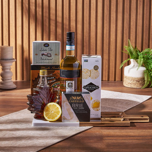 Deluxe Smoked Salmon & Citrus Gift Basket with Wine, wine gift, wine, gourmet gift, gourmet, cheese gift, cheese, cheese board gift, cheese board, Toronto delivery