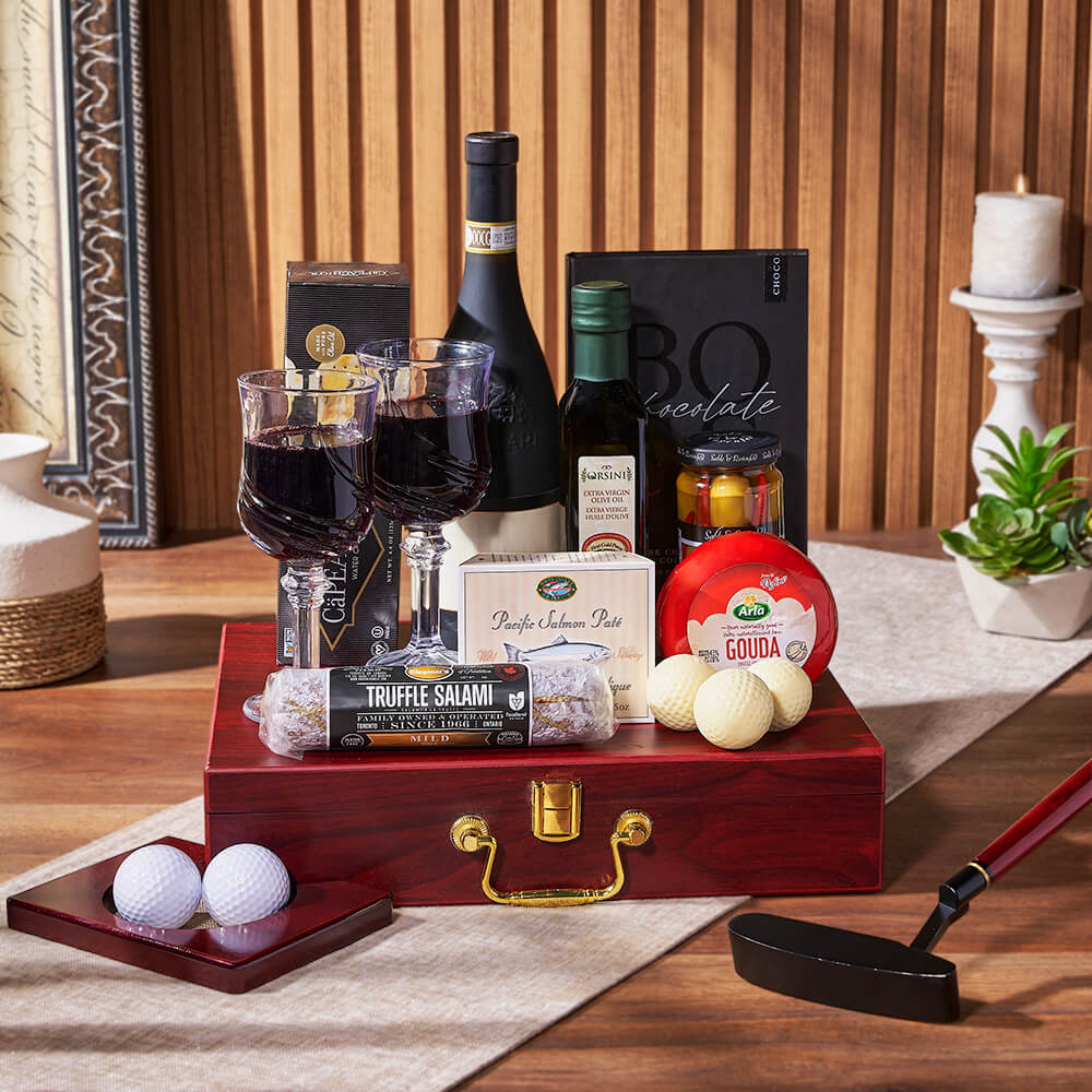 Signature Wine Gift Basket with Extra Virgin Olive Oil and Crackers – how the gift is presented