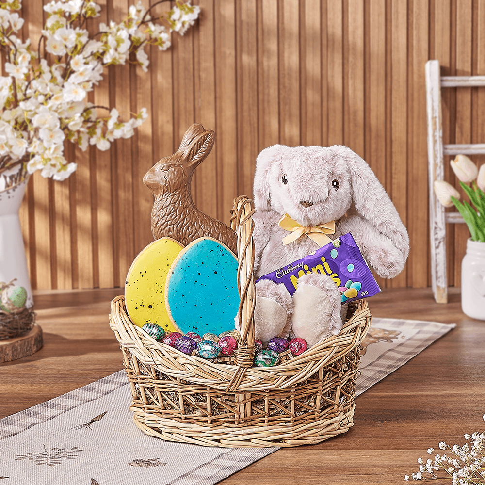 Easter Chocolate Treats Basket with Plush Bunny and Cadbury Eggs – how the gift is presented