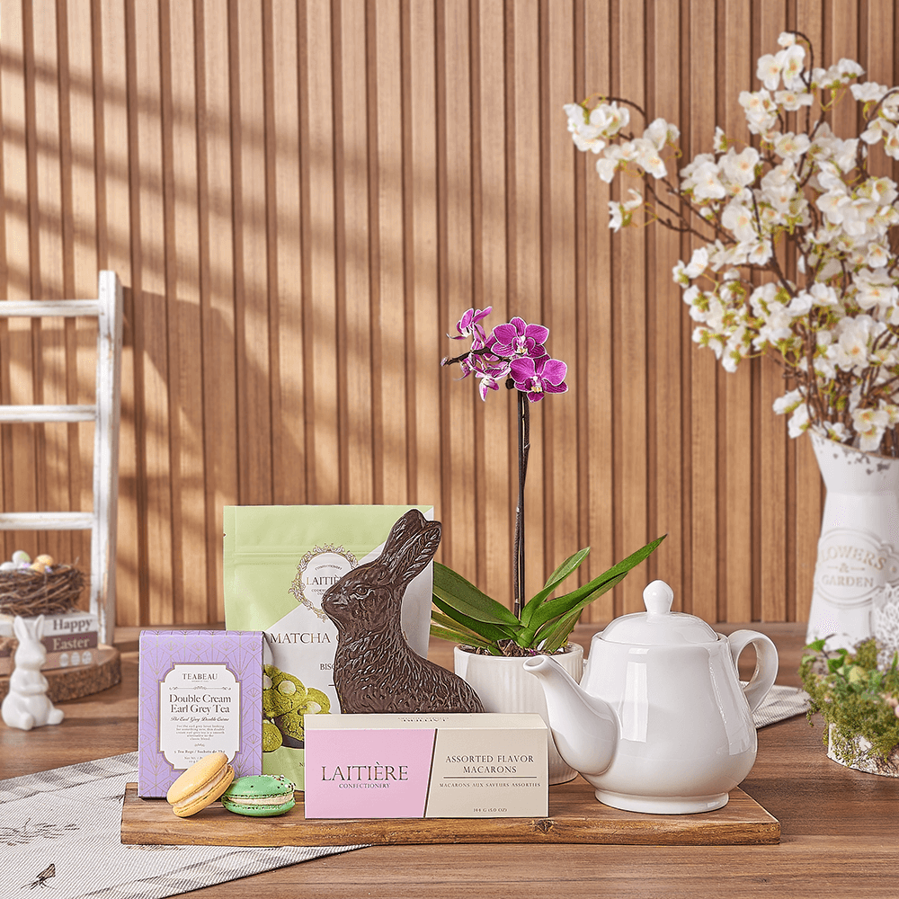 Bunny-Themed Easter Orchid with Earl Grey Tea and Macarons – how the gift is presented