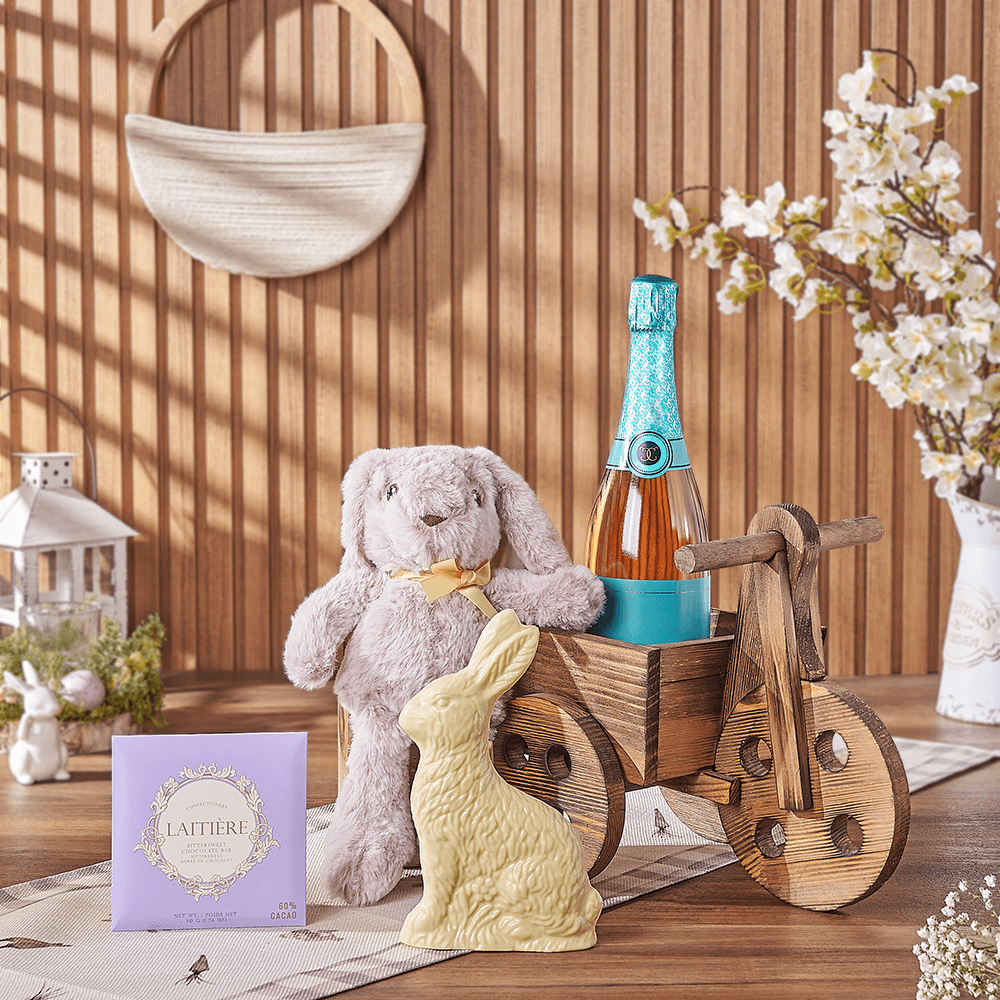 Sparkling Wine Easter Gift Set with White Chocolate Bunny and Wooden Cart – how the gift is presented