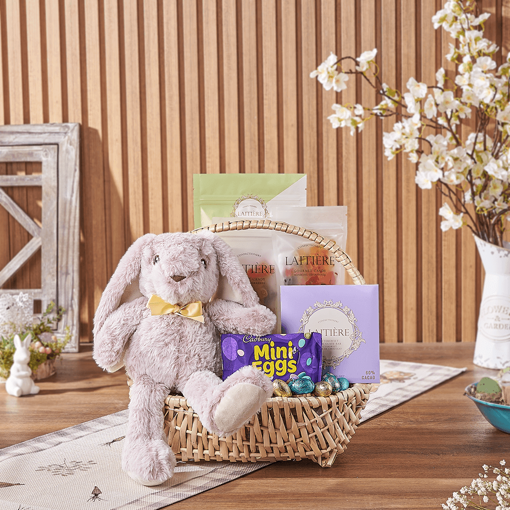 Elegant Plush Bunny with Gourmet Sweets Basket – how the gift is presented