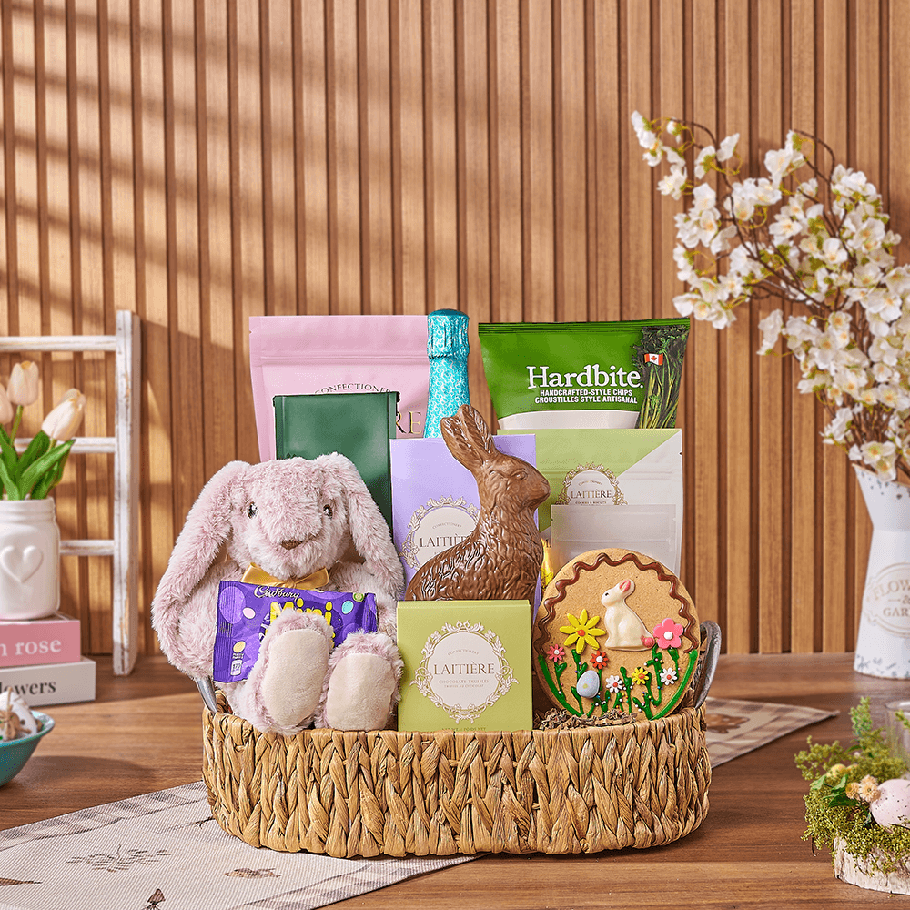 Deluxe Sparkling Wine Gift Basket with Gourmet Easter Treats – how the gift is presented