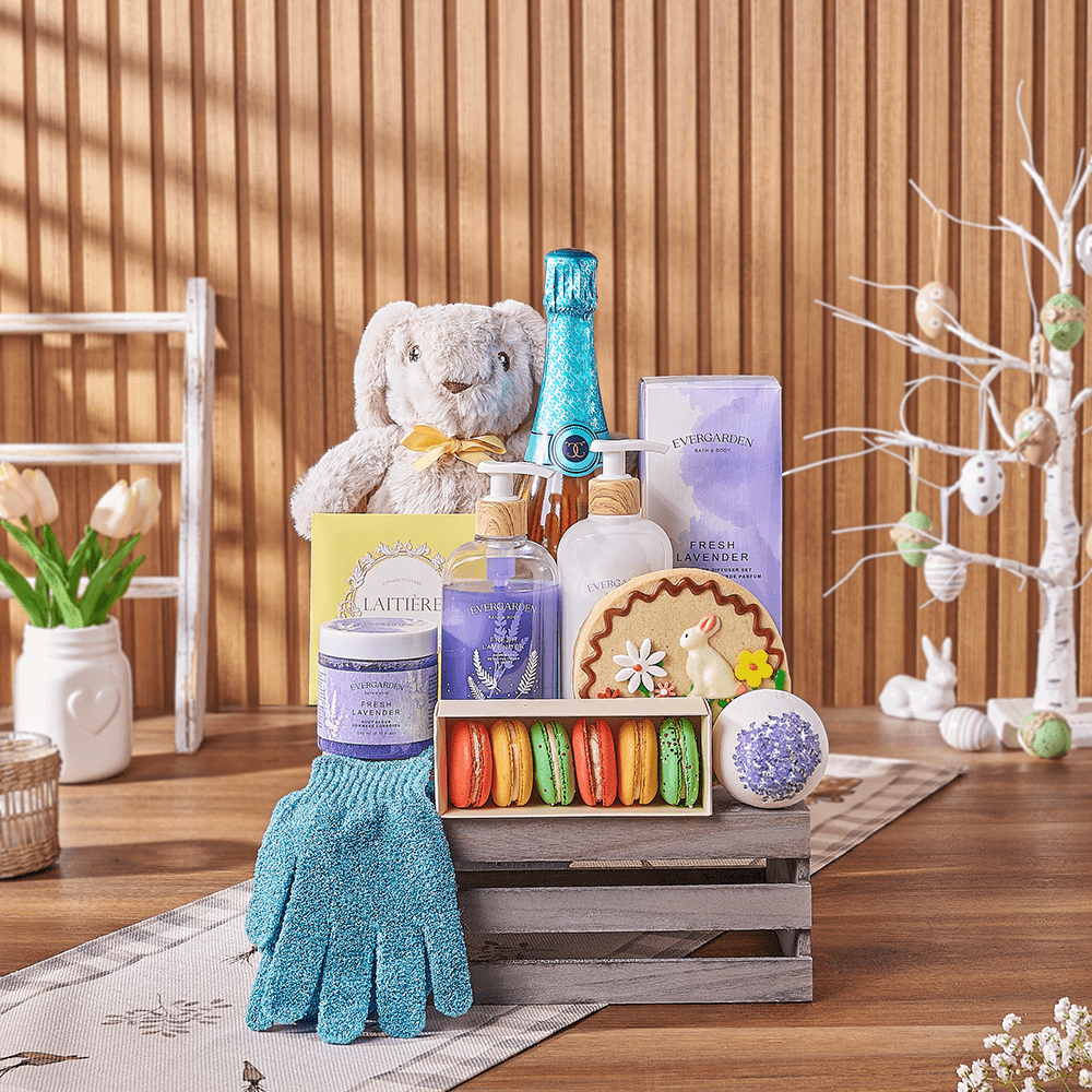 Easter Sparkling Wine Gift Basket with Plush Bunny & Lavender Set – how the gift is presented