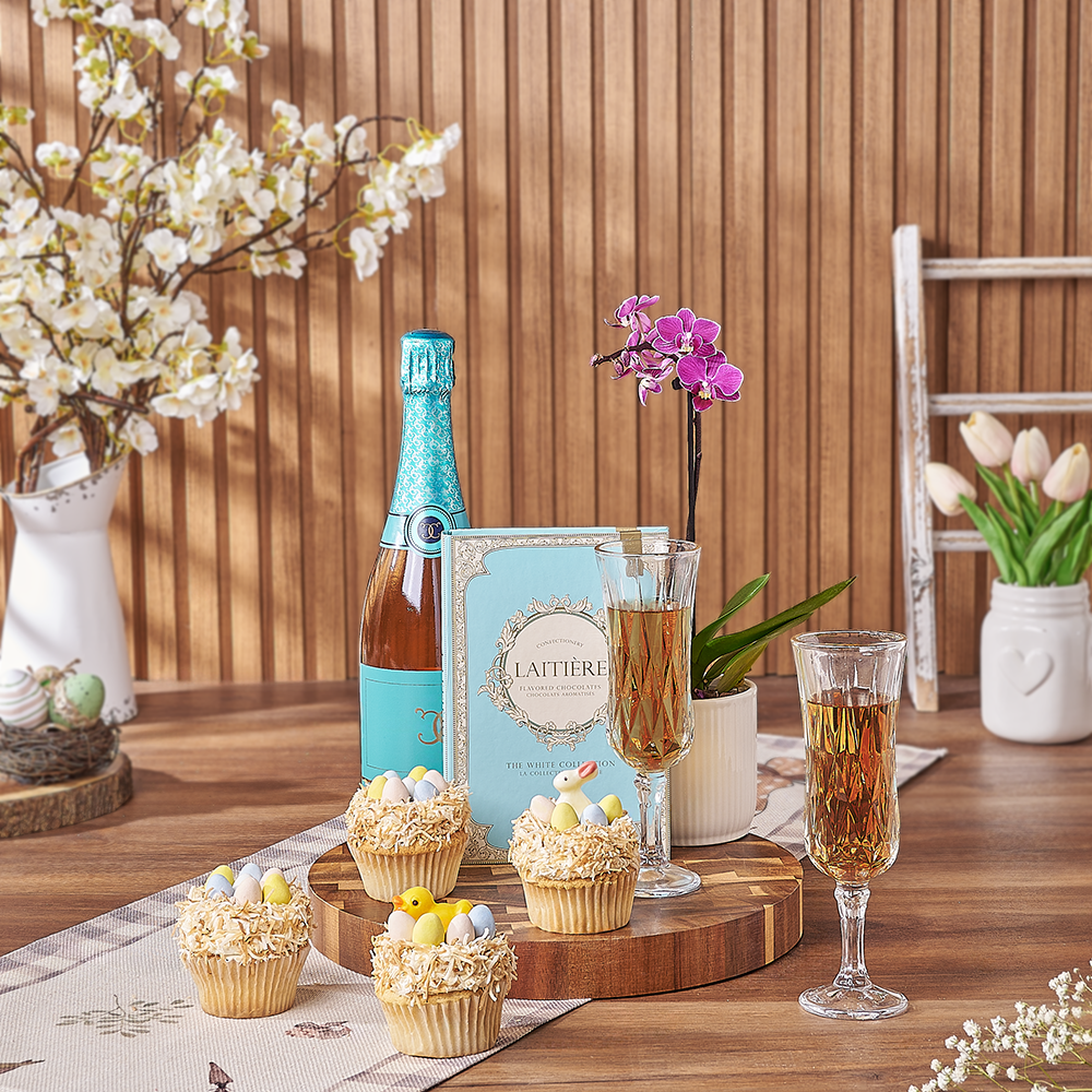 Spring Easter Gift Set with Sparkling Wine, Orchid, and Cupcakes – how the gift is presented