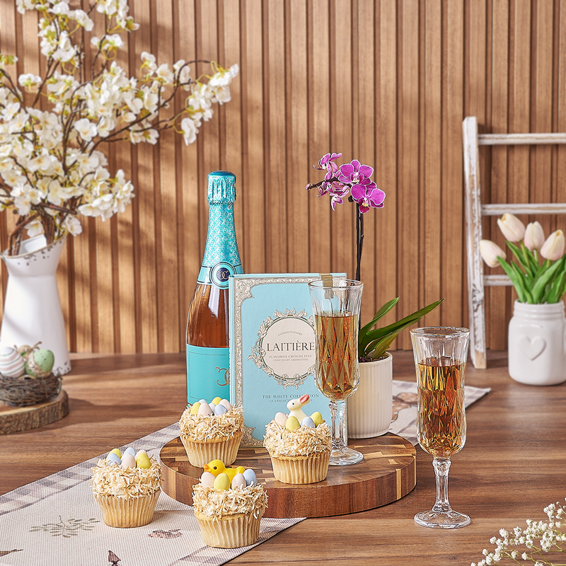 Easter Cupcake & Champagne Gift Set, champagne gift, champagne, sparkling wine gift, sparkling wine, cupcake gift, cupcake, plant gift, plant, orchid gift, orchid, Toronto delivery