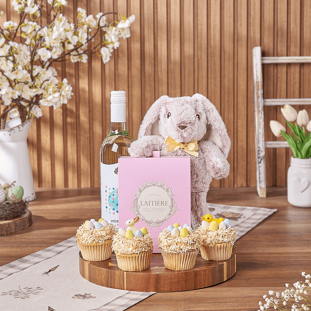 Laitière Truffle & Wine Gift Box with Easter Cupcakes and Acacia Board – how the gift is presented