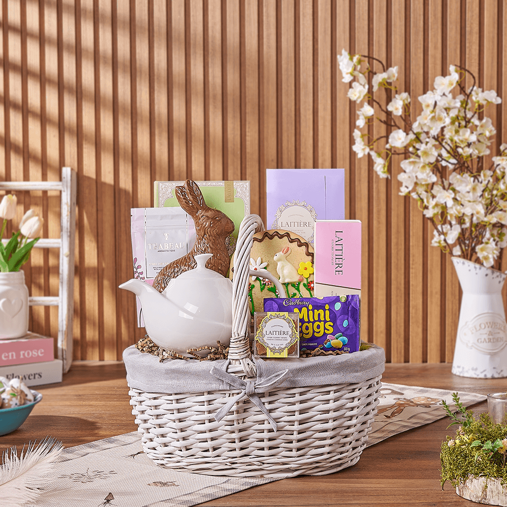 Easter Celebration White Wicker Basket with Sweets and Ceramic Tea Pot – how the gift is presented