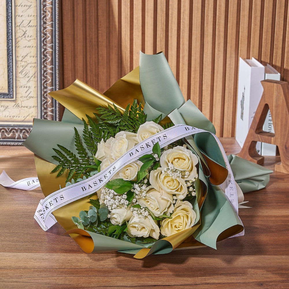 Refined White Rose and Ruscus Bouquet with Fern Accents – how the gift is presented