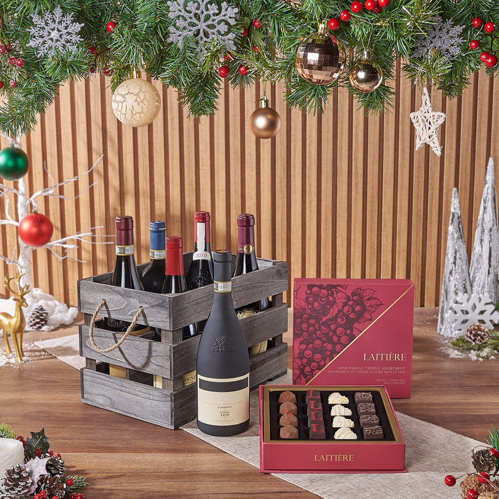 Premium Wine and Chocolate Truffles Gift Basket in Rope-Handled Wooden Crate – how the gift is presented