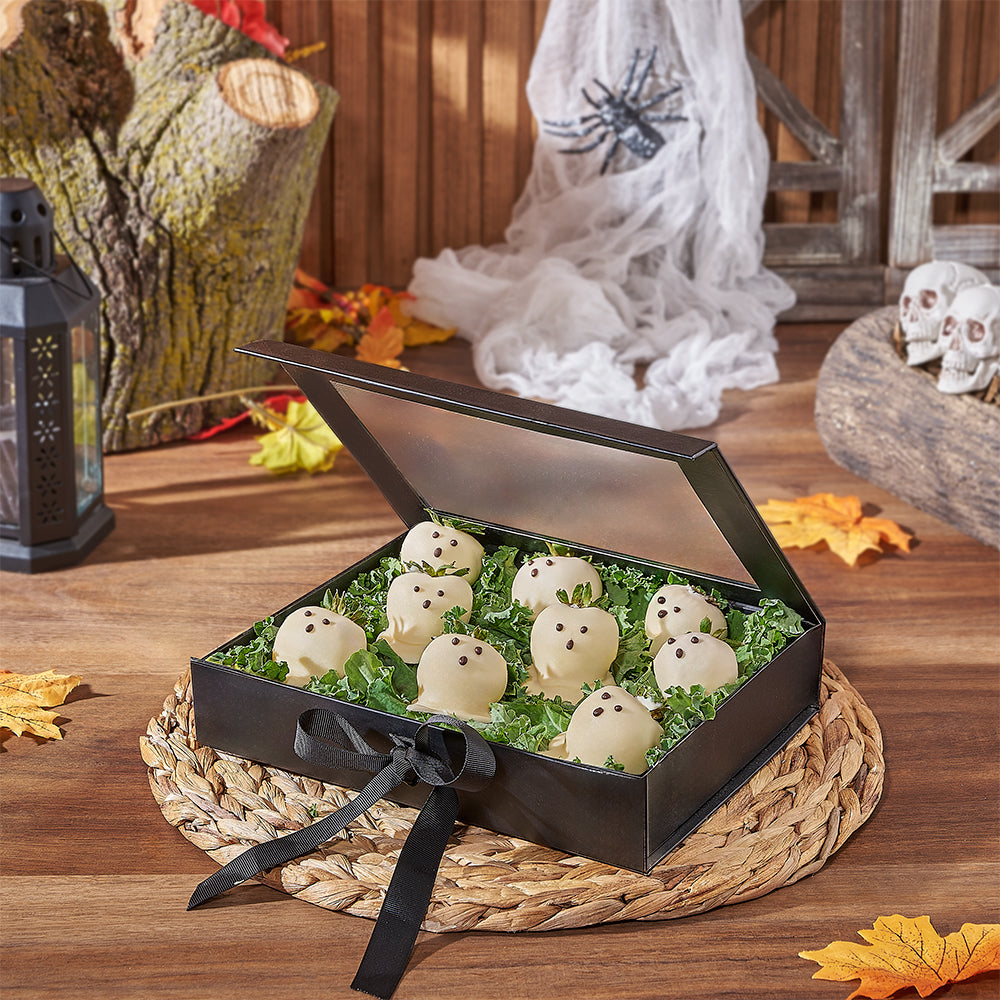 Festive Halloween Chocolate Dipped Strawberries in Black Gift Box – how the gift is presented