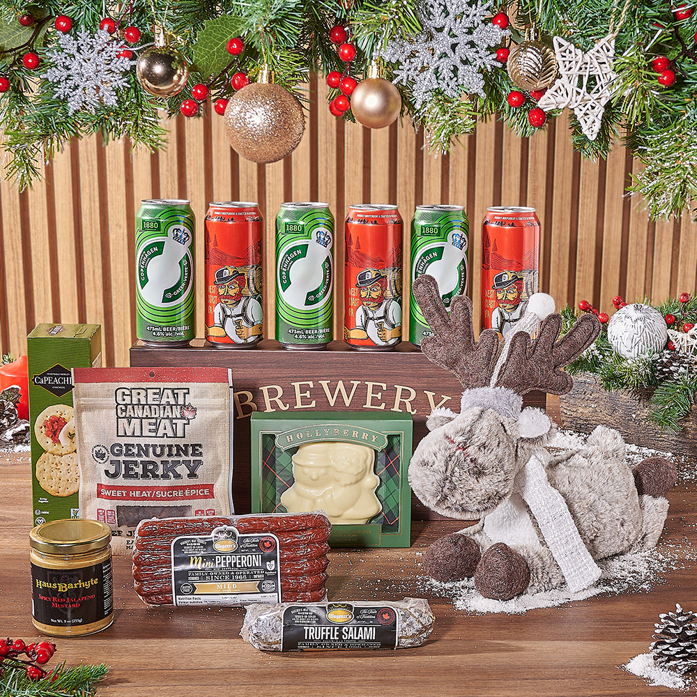 Festive Beer Gift Basket with Craft Beers and Gourmet Salami – how the gift is presented