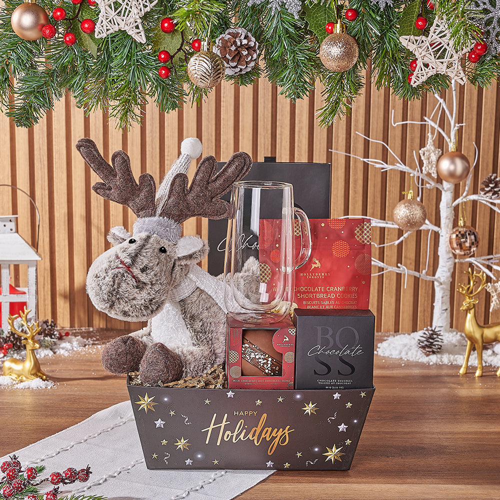 Holiday Plush Reindeer Gourmet Chocolate Tray – how the gift is presented
